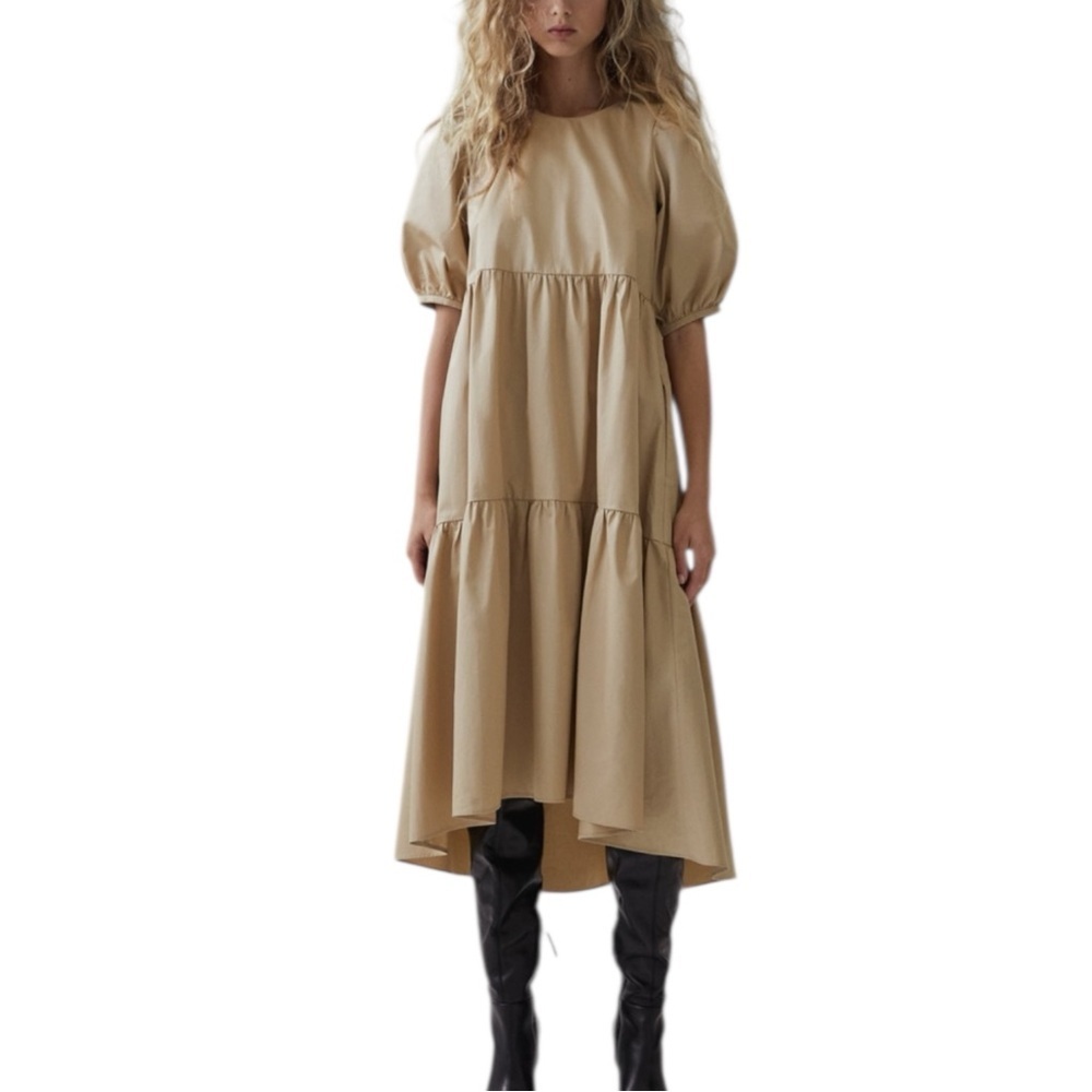 NWT Zara Poplin Puff Sleeve Asymmetrical Tiered Midi Dress XS Neutral